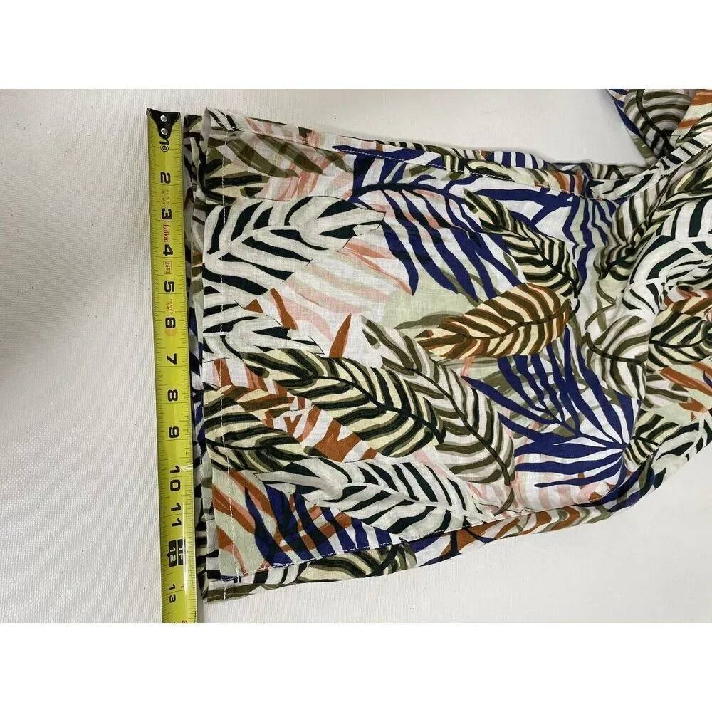 Tahari Size L 100% Linen Wide Leg Crop Pants Tropical Print Pull On